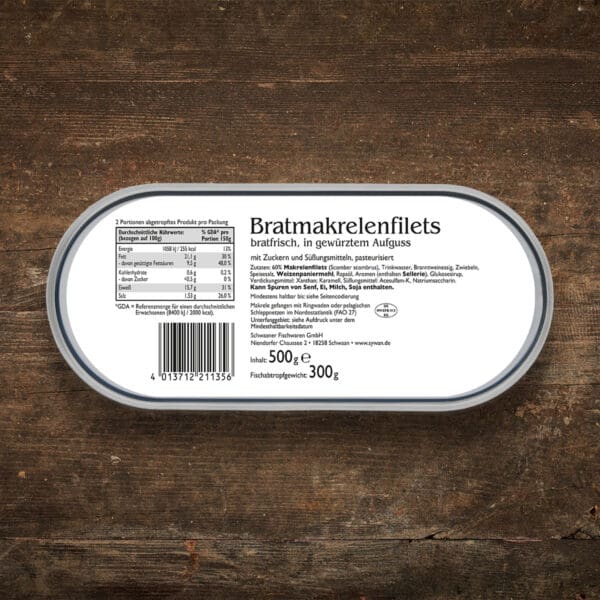 Verpackung zarte Bratmakrelenfilets in gewürztem Aufguss von Schwaaner Fischwaren in der Rückansicht