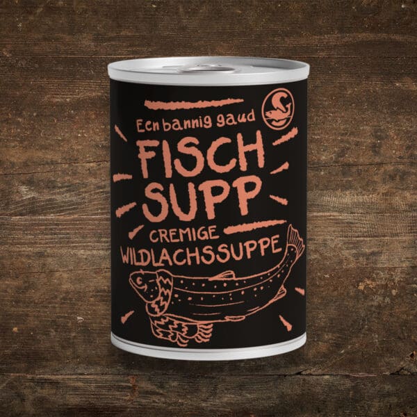 Dose cremige Wildlachssuppe von Schwaaner Fischwaren in der Frontansicht